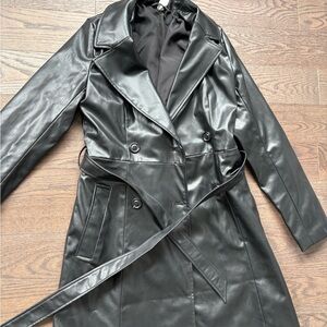 H&M Black Faux Leather Trench Coat with Belt